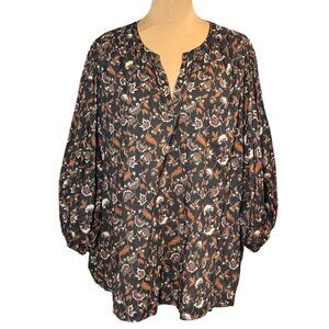ABLE Boho Floral Top Blouse Sz.3XL Brown 100% Cotton Puff Sleeve Career Cottage